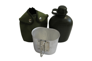 military water canteen with metal cup for boiling water